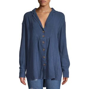 Free People All About The Feels Button Blouse Top Blue Tunic Cottagecore Size M